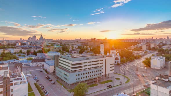 Aerial Panorama of Moscow at Sunset Timelapse From Rooftop