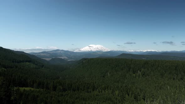 Mount Saint Helens dominates the lush green evergreen trees, Gifford Pinchot National Forest, aerial