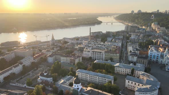 Historical District of Kyiv - Podil in the Morning at Dawn. Ukraine. Aerial View