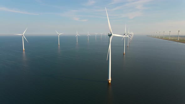 Wind Turbine From Aerial View Drone View at Windpark Westermeerdijk a Windmill Farm in the Lake