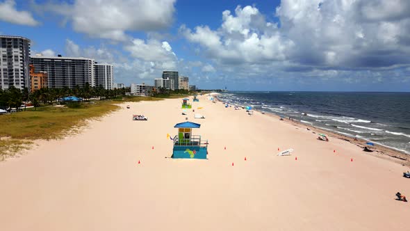 Lifeguard Towers On Pompano Beach Fl. 4k Aerial Drone Video