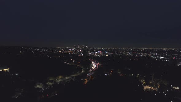 Los Angeles Skyline at Night. California, USA. Aerial View