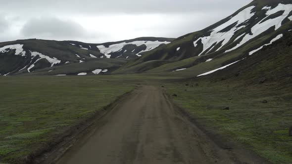 Offroad Car Vehicle Drive on Dirt Road to Landmanalaugar on Highlands Iceland