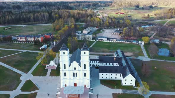 Majestic Aglona Cathedral in Latvia. White Chatolic Church Basilica. Aerial Dron 4K Shot alt