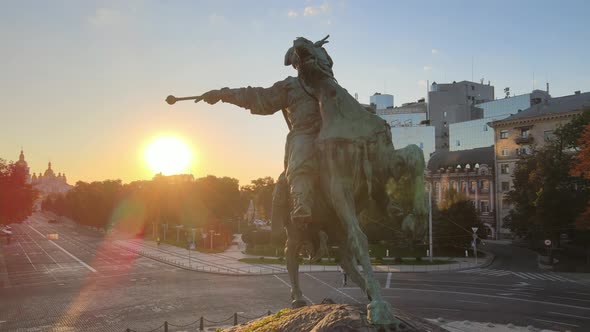 Kyiv, Ukraine: Monument To Bogdan Khmelnitsky in the Morning at Dawn. Aerial View.