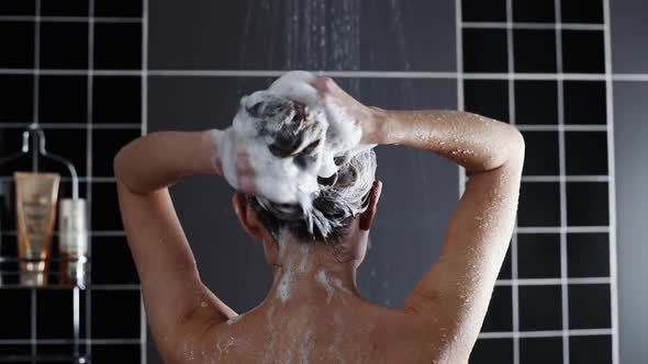 Woman Washes Her Hair with Shampoo in the Shower With, Hair Care, Ceratin Mask, Rinse Shampoo and