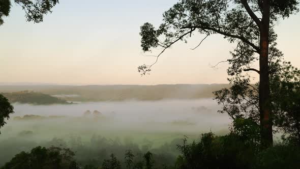 Timelapse of early morning mist swirling in a Valley.