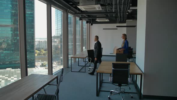 Happy Businesspeople Walk in New Office, with Boxes, Smiling