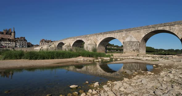 Gien, Loiret department, France. Low water level in the Loire river during a dryness season.