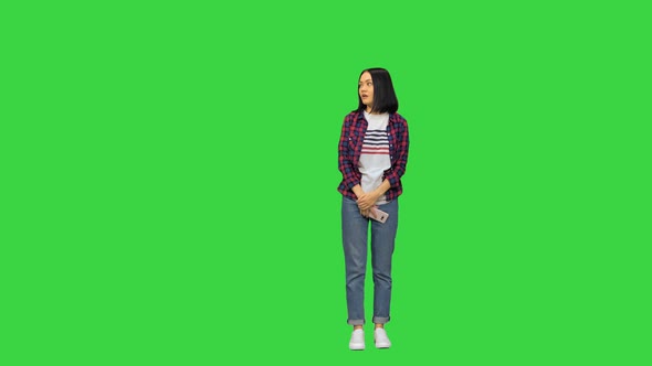 Girl Waiting To Her Friends Happy Multiracial Young People Friends Meet on a Green Screen, Chroma