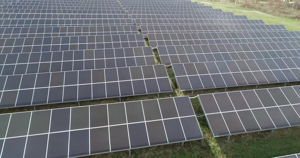  Aerial footage of photovoltaic solar farm. Solar farm power station from above.