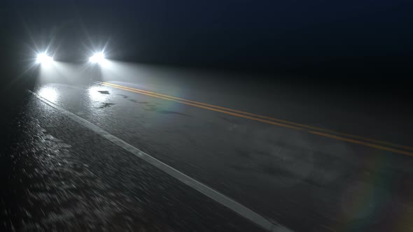 Car Drives Along Country Night Wet Road with Headlights Turned On alt