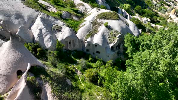 Awesome aerial view of Goreme Historical National Park in Cappadocia, Turkey 4 K