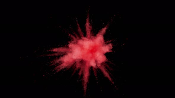 Colorful powder/particles fly after being exploded against black background. Slow Motion.