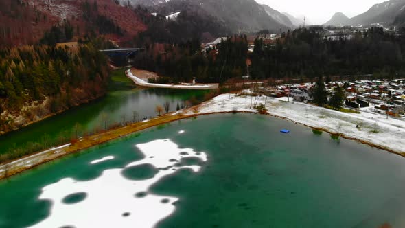 Beautiful view on an lake with snow in Upper Austria