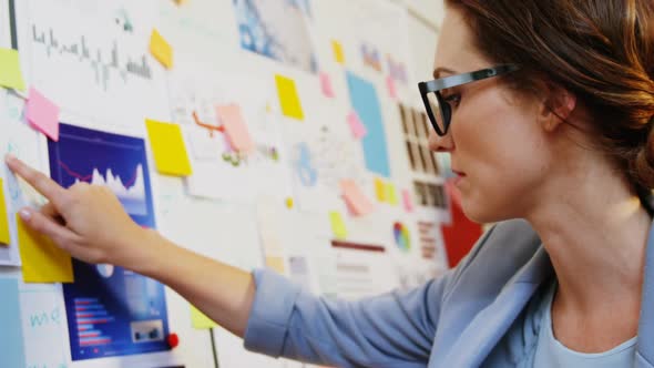 Businesswoman looking at sticky notes on whiteboard