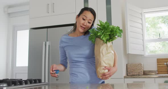 Asian woman coming back home with groceries and having call on smartphone