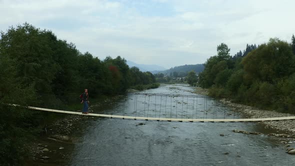 Lovers Crossing Forest River Going Camp Trekking Activity Mountains Background