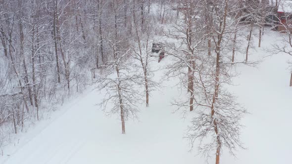 Clearing snow on a rural property with a wheeled bobcat