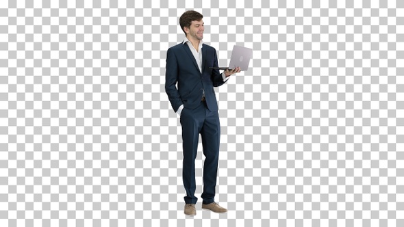 Very excited elegant man in suit standing, Alpha Channel