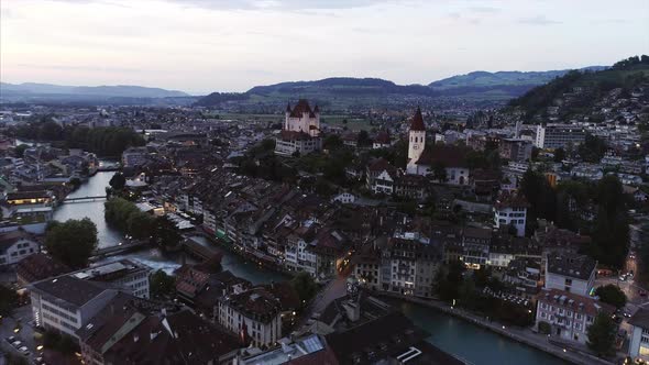 Aerial of Thun Switzerland at Dusk 