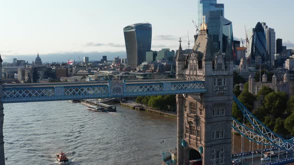 Elevated Static Shot of Top Walkway at Tower Bridge Across River Thames and Modern Business Centre