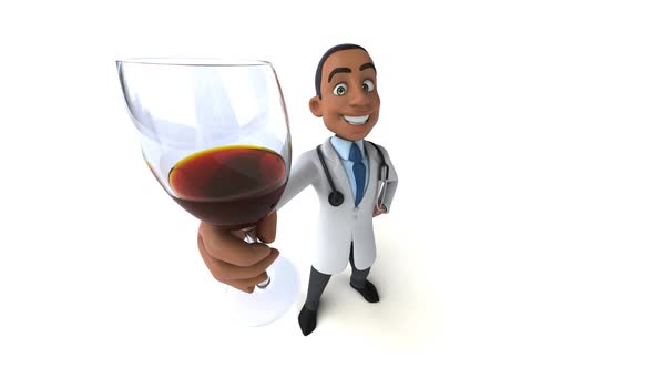 Fun 3D cartoon doctor with a glass of wine