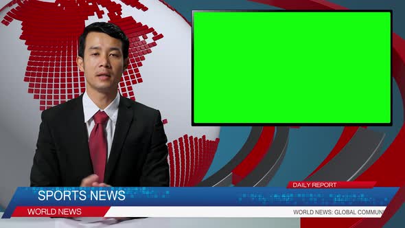 Asian Male Anchor Reporting On The Sport, Video Story Show Green Chroma Key Screen