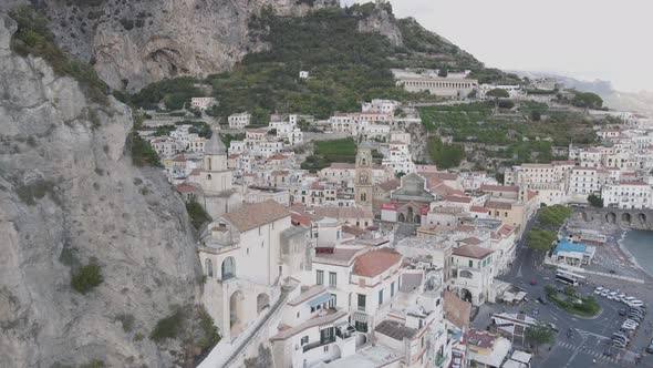 Aerial View of Scenic Italian City on Mediterranean Sea Coast. Amalfi Town Italy Under Steep Cliffs,