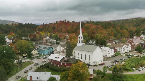 Cinematic  Aerial of White Wooden Old Historic Stowe Community Church Building