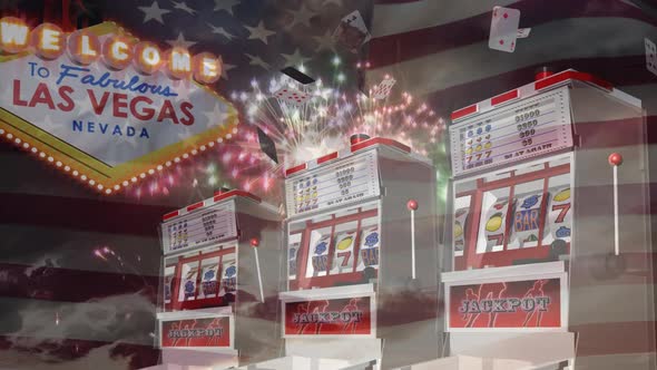 Slot machine falling on grapes while game cards falling down and fireworks goes off against american alt