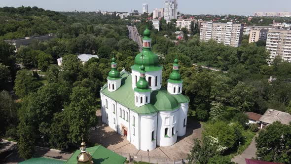 The Architecture of Kyiv. Ukraine: St. Cyril Church in Kyiv. Ukraine. Aerial View. Slow Motion.