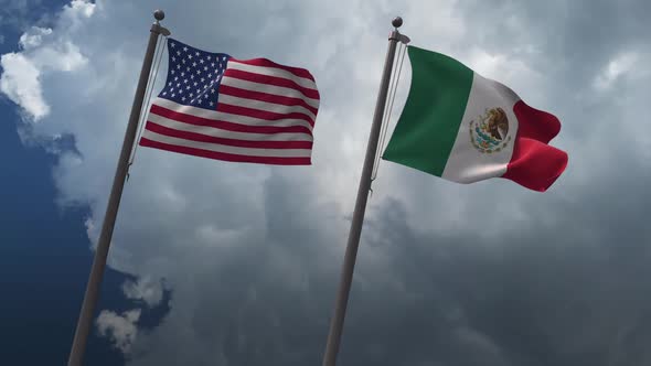 Waving Flags Of The United States And The Mexico 2K