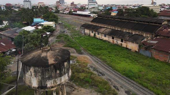 Aerial view of an old water tank in disuse in Battambang, Cambodia.