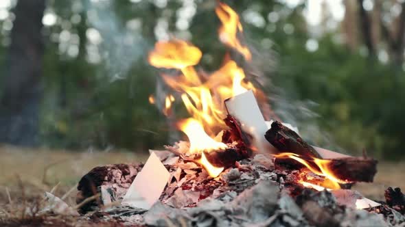 A Man Burns Documents In Fire