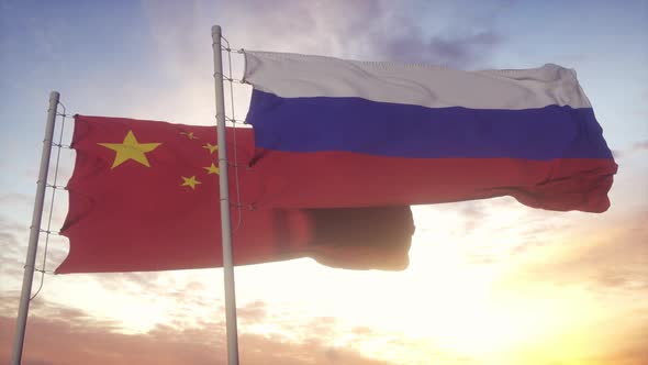 Russia and China Flag on Flagpole