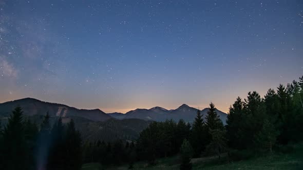 Starry Sky with Milky Way Galaxy Stars Above Alpine Mountains Forest in Morning Twilight