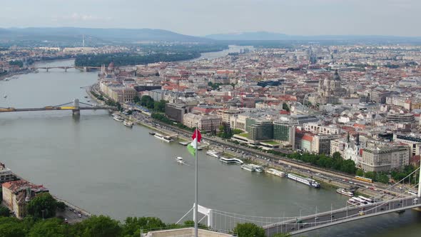Hungarian Flag and aerial panorama of Budapest, Hungary