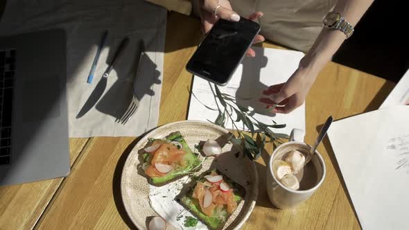 Top View of Healthy Sandwich Toast with Lettuce Ham Cheese Salmon and Coffee