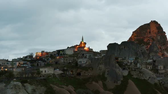 View of Cave Houses in Rock Formation at Ortahisar. Cappadocia. Nevsehir Province. Turkey