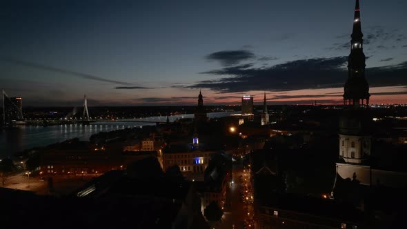 Aerial Panoramic Riga City at Night in Latvia