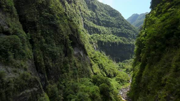 Aerial view of a tropical ravine at noon in the Reunion Island. There is a river at the bottom of th
