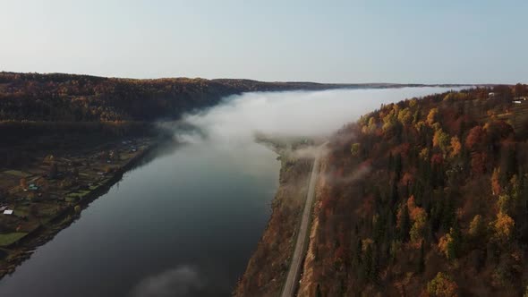 Aerial Video of Forest in Autumn at Sunset. Countryside