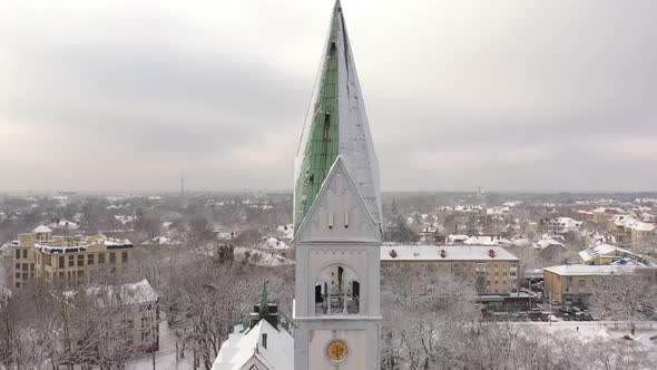 Aerial: The tower of Kaliningrad Puppet Theatre in the wintertime