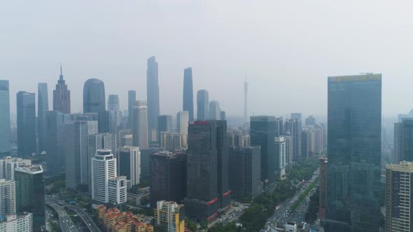 Guangzhou City Skyline and Smog. Guangdong, China. Aerial View