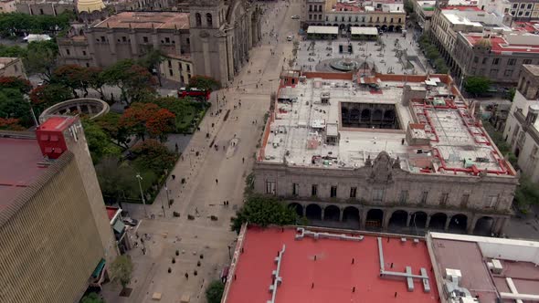 Drone Flying Over City Hall Near Rotonda de los Jaliscienses Ilustres, Guadalajara Cathedral And Mai