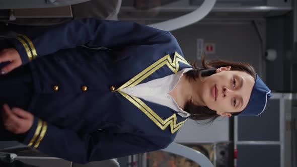 Vertical Video Portrait of Female Flight Attendant Sitting on Airplane Aisle