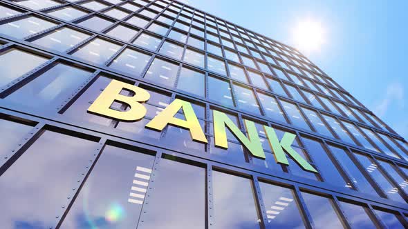 Main Entrance to the World Bank Building with Time Lapse Clouds Sky in Windows alt