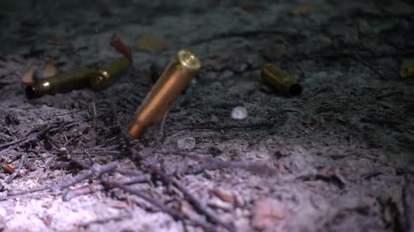 Bullet casings fall to the ground. Shooting in the forest. Slow motion. alt