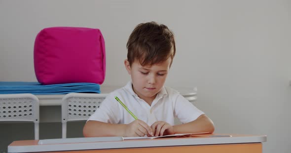 Portrait School Kid Siting on Table Doing Homework, Drawing on Paper at the Table, School and Home